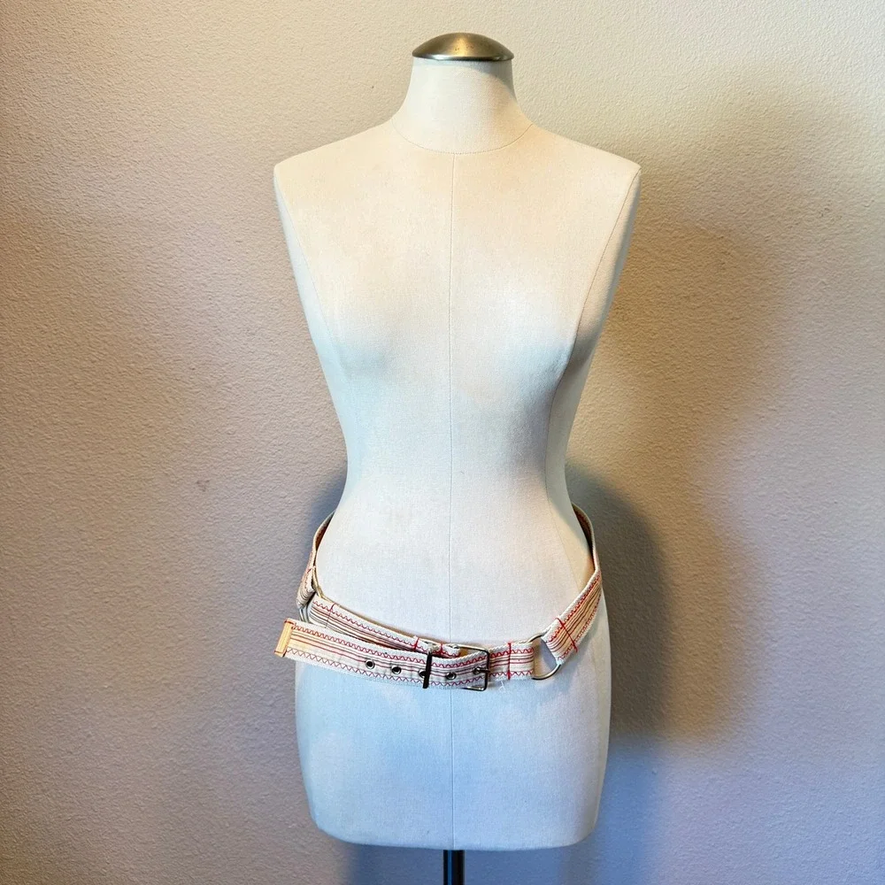 Woven Canvas Striped Belt Red Cream Silver Buckle D-Ring Grommet Casual Boho